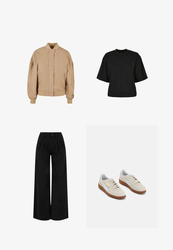 Béžová bombardérka s stojacím golierom, predným zipsom, bočnými vreckami a ribbovanými manžetami a lemom. Hladká, ľahká textúra látky.; Čierne skrátené tričko z bavlny. Disponuje krátkymi rukávmi a okrúhlym výstrihom. Hladká textúra s jednoduchým dizajnom, bez ďalších vzorov.; Čierne široké nohavice vyrobené z ľahkej tkaniny, s plisovaním na prednej strane, zapínaním na gombík a úhľadným zakončením na dolnom okraji.; Béžové semišové tenisky s bielymi koženými akcentmi a hnedými gumovými podrážkami. Majú zaoblenú špičku, šnúrky a zlaté logo na boku.