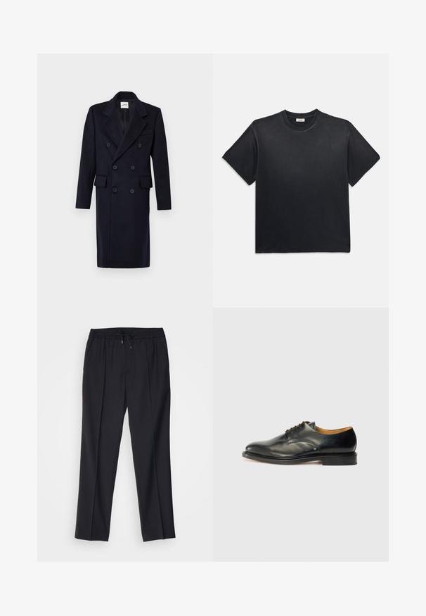 Jūras spēku dubulto podziņotu mēteli, kas izgatavots no vilnas maisījuma auduma. Iespējas ietver lielus uzklājumus, sānu kabatas un sešas melnas pogas. Gluda tekstūra, vidēja garuma dizains.; Melna kokvilnas T-kreklā ar apaļu kakla izgriezumu un īsām piedurknēm. Iezīmējas ar brīvu piegriezumu, gludu tekstūru un minimālistisku dizainu.; sandro ALPHA - Chinos tipa bikses - noir; Melnas ādas kleitu kurpes ar gludu apdari, noapaļota purngala forma un minimālas saites. Iezīmējas ar niansētu dizainu un zemu, stabilu gumijas zoli.