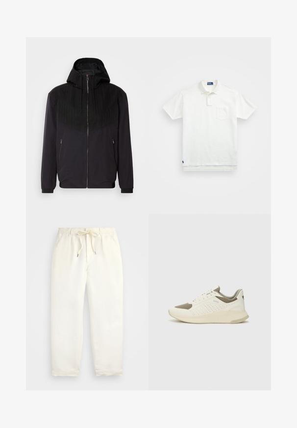 Jachetă neagră cu fermoar și glugă, având un panou superior texturat cu dungi fine, manșete elastice și două buzunare laterale cu fermoar.; Cămașă polo albă din bumbac, cu un guler clasic, placket cu trei nasturi și un buzunar pe pieptul stâng; logo mic pe tiv.; Pantaloni casual de culoare crem deschis, confecționați dintr-un material moale. Au o talie elastică cu șnur și un design cu picioare înguste.; Tenis sportivi alb și bej deschis, cu un înveliș din plasă, detalii perforate și o talpă intermediară texturată, având marcaj pe călcâi.