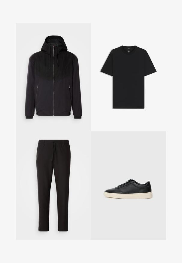 Zwarte zip-up jas met capuchon, met een textuur bovenpaneel met streepjes, elastische manchetten en twee zijzakken met rits.; Zwarte korte mouwen T-shirt van een gladde katoenmix, met een ronde halslijn en een minimalistisch ontwerp zonder patronen of accenten.; Zwarte joggingsbroek van gladde stof. Kenmerkt zich door een elastische tailleband met een trekkoord, taps toelopende benen en geen zichtbare zakken. Eenvoudig ontwerp.; Zwarte leren sneaker met lage schacht, zwarte veters en off-white zool, weergegeven in zijprofiel op een witte achtergrond.