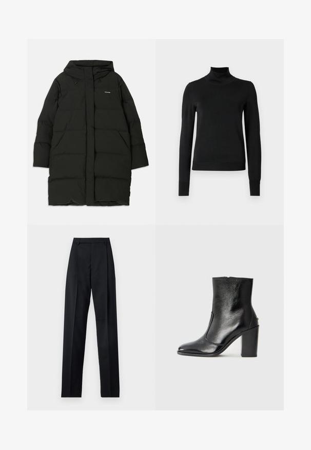 Crna puffer jakna s kapuljačom, ravnog kroja, s prednjim džepovima i glatkom teksturom. Utisnut logo na prsima.; Crna dugosruga majica s rolijom i rebrastim manžetama i donjim rubom, prikazana na jednostavnoj bijeloj pozadini.; Crne hlače od glatkog materijala s visokim strukom, širokim nogavicama, prednjim pregibima i klasičnim petljama za remen. Nema vidljivih bočnih džepova.; Crna kožna čizma do gležnjeva s glatkom teksturom, špicastim vrhom i debelim visokim potpeticama. Ima bočni otvor i minimalistički dizajn.