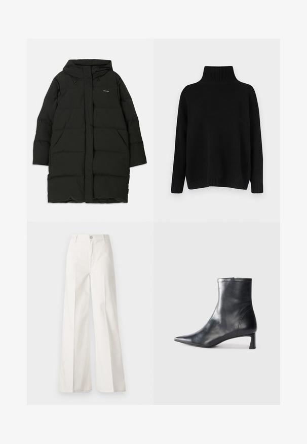 Casaco puffer preto com capuz, apresentando um corte reto, bolsos frontais e uma textura suave. Logotipo em relevo no peito.; Camisola preta de malha com gola alta canelada, ombros caídos e corte solto. Apresenta punhos e bainha canelados para dar textura.; Calças largas brancas feitas de algodão com uma textura suave. Apresenta um botão frontal, fecho de correr e um design de quatro bolsos.; Bota de tornozelo em pele preta com biqueira apontada e um design elegante. Apresenta um salto baixo e um fecho com zipper na parte de trás. Textura suave.
