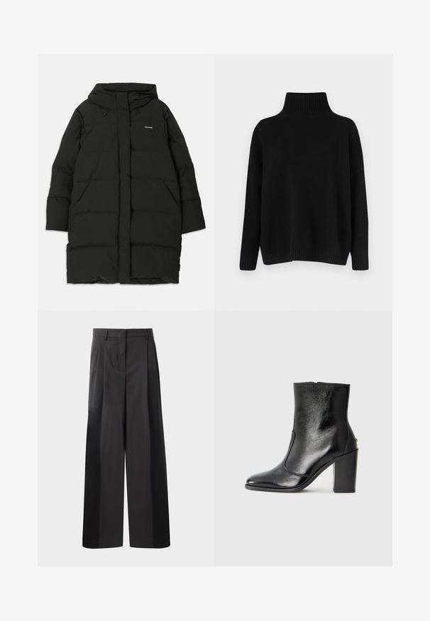 Fekete puffkabát kapucnival, egyenes szabással, elülső zsebekkel és sima textúrával. Debreczeni logó a mellkason.; Fekete kötött pulóver magas bordázott gallérral, alacsony vállvonallal és laza szabással. Bordázott mandzsettákkal és szegéllyel rendelkezik a textúra érdekében.; Fekete, bő szárú nadrág magas derékkal, elöl plissékkel, sima felülettel és igényes kidolgozással. Kényelmes viseletre tervezve.; Fekete bőr bokacipő sima textúrával, hegyes orral és vastag, magas sarkával. Oldalnyílással és minimalista dizájnnal rendelkezik.