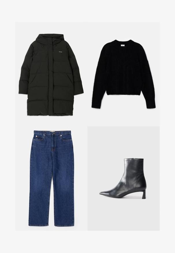 Zwarte pufferjas met een capuchon, uitgerust met een rechte snit, voorzakken en een gladde textuur. Geperst logo op de borst.; Zwarte cropped trui van pluizig materiaal. Heeft een ronde halslijn en lange mouwen met een zachte textuur. Minimalistisch ontwerp, zonder patronen.; Donkerblauwe denim jeans met een hoge taille, recht gesneden ontwerp, vijf zakken en zilveren hardware. Heeft subtiele vervaging en gestikte naden.; Zwarte leren enkellaars met een spitse neus en een slank ontwerp. Heeft een lage hak en een ritssluiting aan de achterkant. Gladde textuur.
