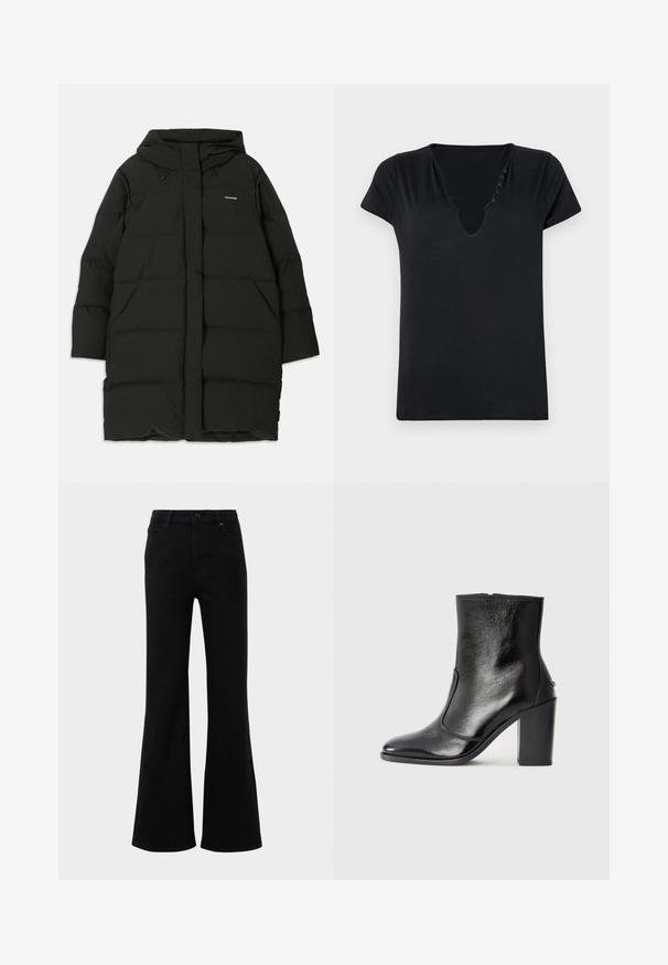 Melnā pūkainā mētelis ar kapuci, ar taisnu griezumu, priekšējām kabatām un gludu tekstūru. Iedobēts logo uz krūtīm.; Melnā īsām piedurknēm t-krekls ar dziļu V veida kakla izgriezumu un pieciem dekoratīviem pogām gar izgriezumu. Gluds audums ar brīvu piegriezumu.; Melni platā stilā džinsi ar augstu jostasvietu, izgatavoti no denima. Piedāvā strukturētas kabatas un pogu aizdari priekšpusē. Gluda tekstūra.; Melnas ādas potīšu zābaki ar gludu tekstūru, smailu purngalu un masīlu augstu papēdi. Iekļauts sānu atvērums un minimālistisks dizains.
