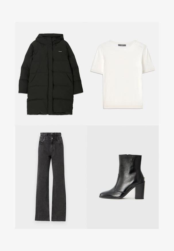 Schwarze Daunenjacke mit Kapuze, gerader Schnitt, Fronttaschen und glatter Textur. Geprägtes Logo auf der Brust.; Weißes kurzärmliges Strickoberteil mit rundem Halsausschnitt, das eine glatte Textur und subtile Rippakzente an den Ärmeln und dem Saum aufweist.; Schwarze hochwaisted Jeans zeichnen sich durch ein gerade geschnittenes Design, dezente Abriebdetails und metallene Knopfhardware an der Taille aus.; Schwarze Leder-Stiefelette mit glatter Textur, spitzem Fuß und klobigem hohen Absatz. Verfügt über eine seitliche Öffnung und ein minimalistisches Design.
