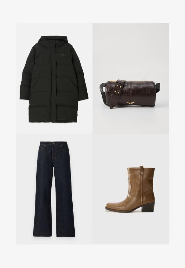 Črna napihnjena jakna s kapuco, ravnega kroja, sprednjimi žepi in gladko teksturo. Embosirano logotip na prsih.; Dolga majica v svetlo bež barvi s okroglim izrezom. Narejena iz mehkega materiala, ima osrednji šiv in rahlo ukrivljen rob. Ni vidnih elementov.; Temno modre široke kavbojke iz denima, z oranžnim šivanjem, dvema sprednjima žepoma in gumbom za zapiranje na pasu.; Rjave usnjene gležnjarje s kvadratnim nosom, teksturirano površino in nizko kvadratno peto. Imajo zadnji trak za enostavno obuvanje in subtilne šivane detajle.; Brah blaženka iz rjavega usnja z embosiranim krokodilom, cilindrične oblike, zlatih kovinskih elementov in odstranljivim pasom, ki vsebuje žebljičke.