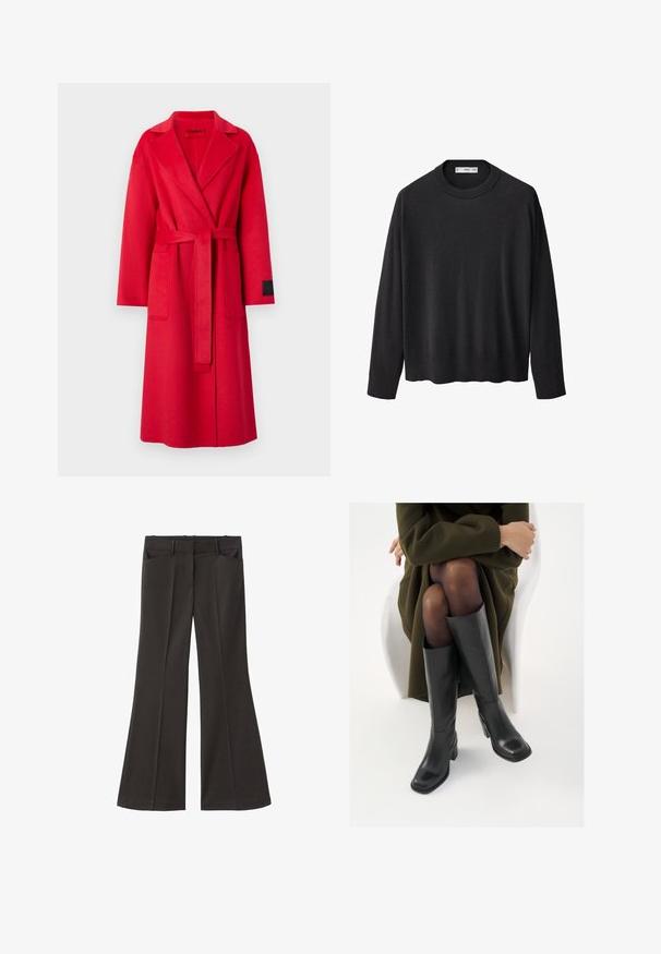 Cappotto avvolgente rosso in lana con revers, maniche lunghe, una cintura coordinata e due tasche frontali. Presenta un'etichetta nera sulla manica.; Maglione nero lavorato a maglia con scollatura a girocollo a coste, maniche lunghe e orlo dritto. Texture morbida, design minimalista e stile versatile.; Pantaloni neri a zampa d'elefante con vita alta; presentano due tasche frontali e una texture del tessuto liscia. Adatti per varie occasioni.; Stivali neri in pelle alti fino al ginocchio con punta squadrata e tacco a blocco, mostrati con un modello seduto in un cappotto verde oliva. Texture liscia, dettagli minimi.