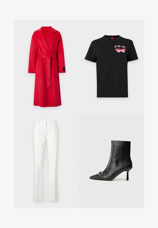 Punane villane ülerõivaste mantel, millel on nurgelised kraed, pikad varrukad, sobiv vöö ja kaks eesmist taskut. Varruka küljes on must silt.; Musthave musta T-särk lühikeste varrukatega, millel on vasakul rinnal roosa prillide graafika ja tekst "Not Your Girl".; Valged kohandatud püksid, millel on laienev alumine osa, esifaldid ja sile tekstuur, valmistatud kergest kangast.; Must mustanvärvi nahast pahklinetopp, millel on terav nina, peen keskmise kõrgusega konts ja hõbedane keha detail külgedel, taustal lihtne taust.