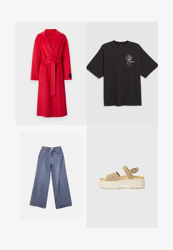 Capa envolvente de lã vermelha com lapela recortada, mangas longas, um cinto a condizer e dois bolsos frontais. Apresenta um rótulo preto na manga.; T-shirt de algodão preto com mangas curtas, apresentando uma ilustração de mão e o texto "Levi's LA LUNE" em branco na área do peito esquerdo.; Calças de ganga de perna larga numa lavagem azul clara, com uma cintura alta, bolsos frontais e fecho de botão com passadores para cinto.; Sandálias de camurça em bege claro com uma tira larga e fivela ajustável no tornozelo. Sola branca robusta com padrão texturizado para maior aderência.
