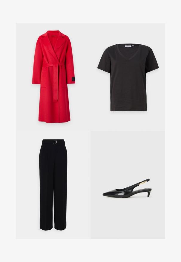Rød uld omslagsfrakke med spids jakke-krave, lange ærmer, et matchende bælte og to forlommer. Har en sort label på ærmet.; Sort bomulds T-shirt med V-hals og korte ærmer. Enkel design med regular fit og ingen mønstre eller accenter.; Sorte skræddersyede bukser med en bredbenet silhuet, der har et bælte med en sølvfarvet spænde, plisseringer og en glat stofoverflade.; Sorte læder slingback hæle med spids tå, der har en slank hæl og en guldfarvet detalje på den justerbare rem. Glat tekstur.