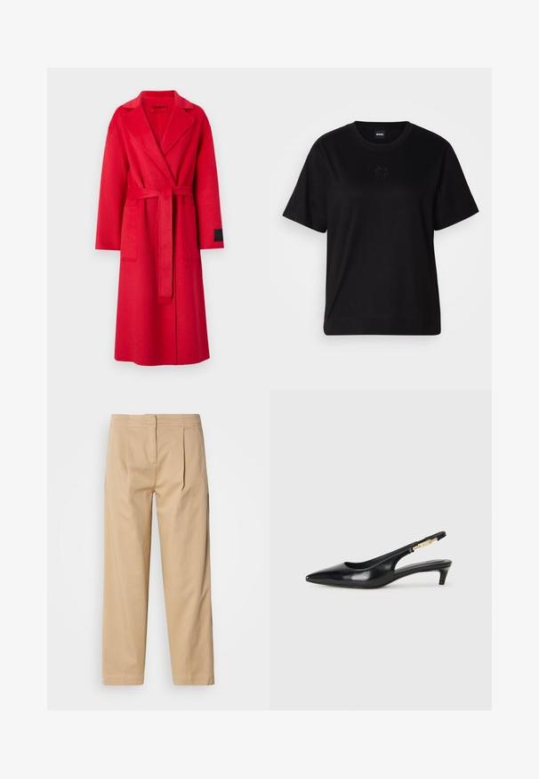 Piros gyapjú kabát állítható hajtókával, hosszú ujjak, illeszkedő öv és két elülső zseb. A ujján fekete címke található.; Fekete pamut póló kerek nyakkivágással, rövid ujjakkal és hímzett logóval a mellkasán. Egyszerű, laza szabás, minta nélkül.; Bej színű, kényelmes fazonú pamut nadrág, két elülső redővel, egyenes lábbal és klasszikus gombos záródással a derékrészen.; Fekete bőr slingback magassarkúk, hegyes orral, vékony sarkakkal és arany színű részlettel a állítható pánton. Simа felület.
