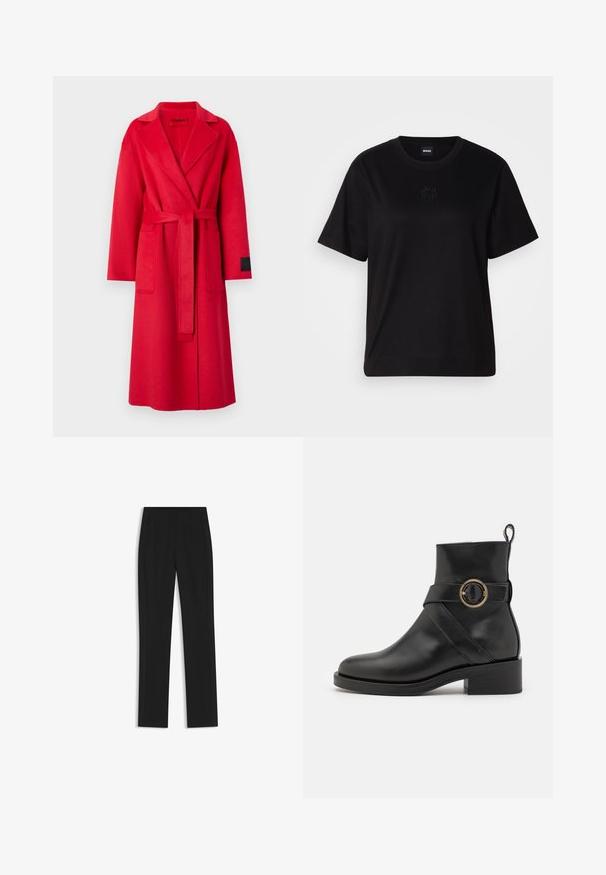 Red wool wrap coat with a notched lapel, long sleeves, a matching belt, and two front pockets. Features a black label on the sleeve.; Black cotton t-shirt with a crew neckline, short sleeves, and an embroidered logo on the chest. Simple, relaxed fit with no patterns.; Black tailored trousers with a straight-leg design, featuring front pockets and a smooth, textured fabric. Neat, minimal detailing.; BOSS IRYNA BOOTIE - Platform ankle boots - black