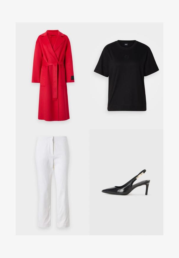 Piros gyapjú kabát állítható hajtókával, hosszú ujjak, illeszkedő öv és két elülső zseb. A ujján fekete címke található.; Fekete pamut póló kerek nyakkivágással, rövid ujjakkal és hímzett logóval a mellkasán. Egyszerű, laza szabás, minta nélkül.; Fehér pamut nadrág egyenes lábformával, közepes derékkal, látható fémrészek vagy minták nélkül. Sima textúra az egész anyagon.; Fekete bőr, slingback magas sarkú cipő, hegyes orral, sima textúrával és keskeny bokapánttal, arany fémrészletekkel.