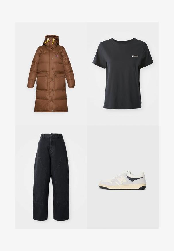 Smeđa duga puf jakna s kapuljačom, s patentnim zatvaračem i kopčom na dugmad, prednjim džepovima i žutim utezima za podešavanje kapuljače.; Crna pamučna majica s kratkim rukavima, okruglim izrezom i malim bijelim logom Columbia Sportswear na lijevoj strani prsnog koša.; Crne traper široke cargo hlače s visokim strukom, dva velika prednja džepa i zatvaranjem na dugme u struku. Glatka tekstura, ležeran dizajn.; Sportske tenisice u bijeloj, sivoj i crnoj boji. Sadrže materijale od antilopa i tekstila, perforirani nožni dio i logo sa strane. Gumeni potplat.