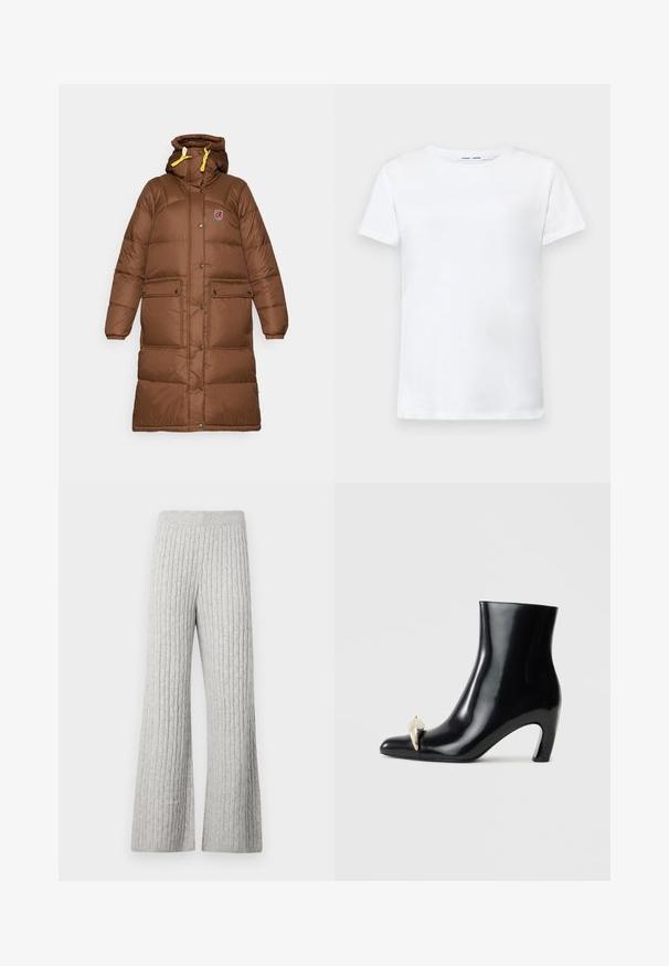 Barna hosszú puffernadrág kabát, kapucnival, cipzáras és patentos záródással, elülső zsebekkel és sárga húzózsinórokkal a kapucni állításához.; Fehér, rövid ujjú póló, pamutból készült, kerek nyakkivágással. Sima textúrájú, egyenes vonalú, minta vagy díszítés nélkül.; Szürke bordázott kötött bő szárú nadrág, texturált mintával és rugalmas derékkal, puha szövet felülettel.; Fekete bokacsizma fényes bőrből, hegyes orral és díszes arany- és ezüstszínű részlettel az elején. Tömör sarok kialakítás.