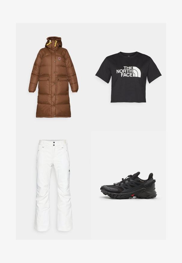 Brown long puffer coat with a hood, featuring a zip and snap closure, front pockets, and yellow drawstrings for adjusting the hood.; Black cropped t-shirt made of cotton, featuring a white logo with curved accents and text "THE NORTH FACE" on the front. Short sleeves, crew neck.; White snow pants featuring a straight leg design, two front pockets, and two black button closures. Textured fabric with black branding detail.; Black athletic shoes with a textured upper, featuring a secure lace system, a cushioned sole, and a prominent red accent on the side.