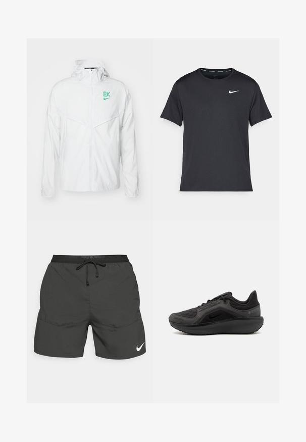 Bielo-ľahká bunda s kapucňou, s vyšívaným zeleným logom na hrudi, so zipsovým zapínaním a hladkým, textúrovaným povrchom.; Čierne bežecké tričko Nike vyrobené z ľahkého a priedušného materiálu, s krátkymi rukávmi a malým bielym logom na hrudi.; Čierne bežecké šortky s elastickým pásom, šnúrkou na stiahnutie, bočnými vreckami a bielym logom Nike na dolnej ľavej nohe.; Čierna športová obuv s textúrovaným prešívaným zvrškom, elegantným dizajnom a čiernou gumovou podrážkou. Obsahuje viditeľné logo a značku Gore-Tex.