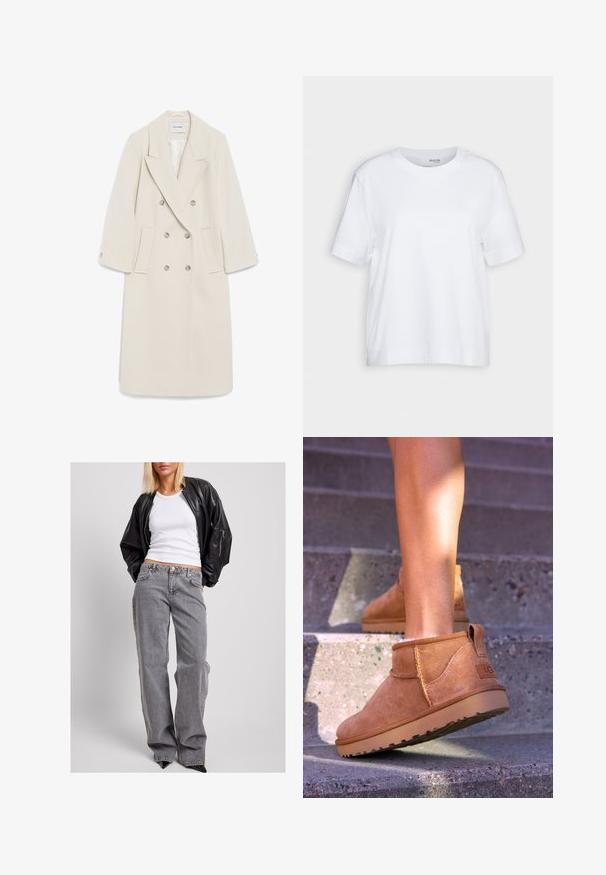 Il cappotto crema doppiopetto presenta un colletto a punte, tasche laterali e dettagli con bottoni. Realizzato in tessuto morbido con una silhouette strutturata.; T-shirt bianco a maniche corte, collo girocollo, realizzato in morbido e liscio tessuto di cotone, con orlo dritto e dettagli minimi. Design semplice e versatile.; Giacca bomber nera in pelle, canotta bianca a costine e jeans in denim grigio a vita alta con vestibilità morbida, cuciture sottili e tasche a contrasto.; Stivali alla caviglia in suede beige con una consistenza morbida, dettagli cuciti e suola in gomma, dotati di un tacco ad anello per una facile vestibilità.