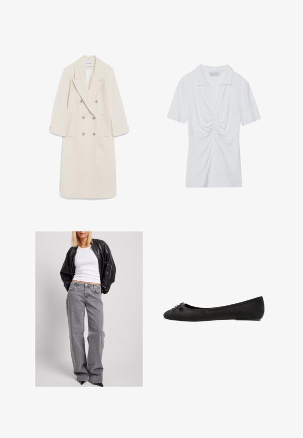 Topelt ehitatud kreemiketu on varustatud lõigatud kraega, küljetaskutega ja nööbikaunistustega. Valmistatud pehmest kangast, millel on struktureeritud siluett.; Valge lühikeste varrukatega blouse, millel on krae, esiosas keeratud sõlme detail ja nööpidega sulg. Sile ja sooniline tekstuur.; Mustmust nahk bomber-jope, valge ribaga tank-top ja kõrge vöökohaga hallid teksad, millel on lahti istuv lõige, peened õmblused ja aksenttaskud.; Mustad sametist balleti kingad ümarate varvastega, esiosa kaunistava paeltega ja lame tald. Sile tekstuur ja klassikaline kuju.