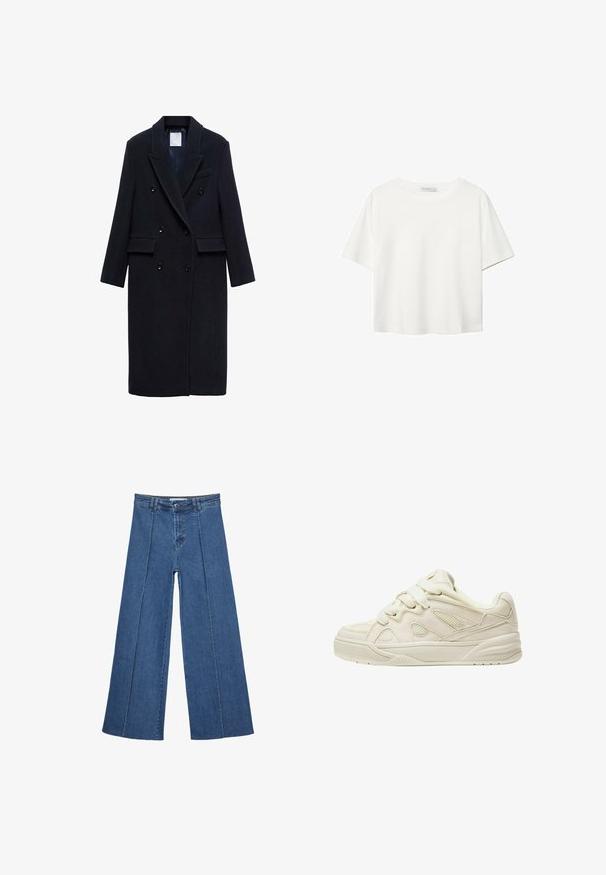Mango Klasický kabát - royal blue; Bílý krátký rukáv tričko vyrobené z bavlny. Má kulatý výstřih a volný střih. Hladký materiál bez viditelných vzorů nebo akcentů.; Džíny s širokými nohavicemi v středně modré barvě, se zvýšeným pasem, knoflíkovým zapínáním a kontrastními vertikálními švy vpředu.; Beige tenisky s texturovaným svrškem, výraznými tkaničkami, síťovinovými panely a silnou podrážkou. Zakřivený design s měkkým límcem pro pohodlí.