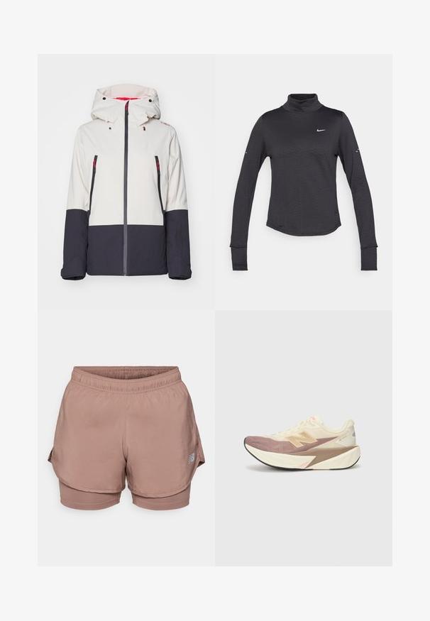 Jachetă albă și bleumarin pentru zăpadă, cu glugă, dotată cu buzunare cu fermoar, design cu panouri contrastante și accente roșii pentru vizibilitate.; Cămașă neagră cu mânecă lungă și guler înalt, cu un model texturat subtil, având un mic logo alb Nike pe piept și găuri pentru degete în manșete.; Shorts de sport roz pal, cu un elastic la talie, un design în straturi și un detaliu cu logo reflectorizant pe lateral. Material neted.; Încălțăminte de alergare cu un superior crem, accente roz și detalii gri. Dispune de o talpă groasă cu o suprafață texturată și un logo proeminent.