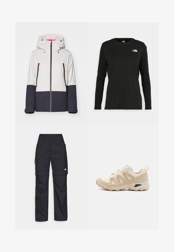 Balta ir tamsiai mėlyna sniego striukė su gobtuvu, turinti užtraukiamas kišenes, kontrastingo rašto dizainą ir raudonus akcentus matomumui.; Juodas ilgomis rankovėmis medvilninis marškinėliai su apvali apykakle. Savybė - mažas baltas logotipas kairėje krūtinės pusėje. Paprastas dizainas ir pritaikymas.; Juodos nailoninės krovinių kelnės su reguliuojamais rankovėmis, daugybe kišenių ir logo ant dešinės kojos. Lygi, lengva tekstūra.; Bežinės ir kreminės spalvos sportinės bateliai su tekstūruoto tinklelio viršutine dalimi, palaikančiomis detalėmis ir guminiais padais, turinčiais raštą, užtikrinantį sukibimą.