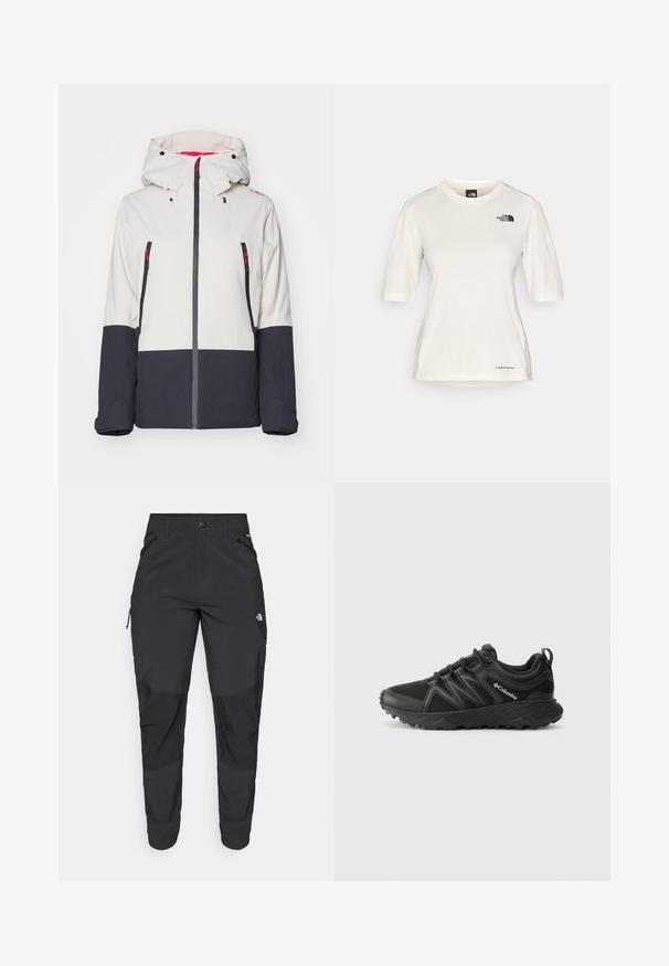 Balta ir tamsiai mėlyna sniego striukė su gobtuvu, turinti užtraukiamas kišenes, kontrastingo rašto dizainą ir raudonus akcentus matomumui.; The North Face SHADOW SHORT SLEEVE - Sportiniai marškinėliai trumpomis rankovėmis - white dune; Juodos lauko kelnės, pagamintos iš patvarios medžiagos. Turi užtraukiamas kišenes, sustiprintus kelio plotus ir tiesią konstrukciją, leidžiančią laisvai judėti.; Columbia PEAKFREAK - Turistiniai batai - black