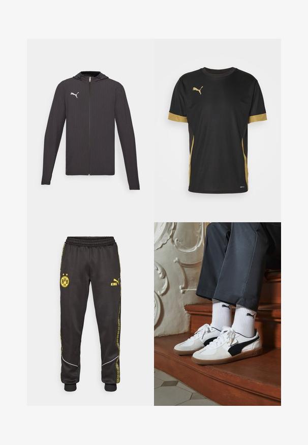 Zwarte capuchonjack met een gestructureerd patroon, volledige rits aan de voorkant en een klein wit logo op de linkerkant van de borst. Lange mouwen en een casual pasvorm.; Zwarte sport T-shirt met gouden accenten op de mouwen en zijkanten. Voorzien van een ronde hals, korte mouwen en vochtregulerende DRYCELL-stof.; Zwarte sportbroeken met gele logos van Borussia Dortmund BVB 09 en Puma King, een elastische tailleband en gestreepte gele zijpanelen.; Puma sneakers in wit en zwart suède, met een bruine rubberen zool. Gecombineerd met witte sokken met een zwart logo, gedragen met donkere broek.