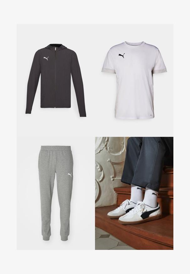 Black hooded jacket with a textured pattern, full zip front, and a small white logo on the left chest. Long sleeves and a casual fit.; White short-sleeve athletic shirt with a round neckline, featuring breathable mesh accents on the sides and a black Puma logo on the chest.; Gray sweatpants made of soft fabric, featuring an elastic waistband, tapered legs, and a white logo on the left thigh.; Puma sneakers in white and black suede, featuring a brown rubber sole. Paired with white socks displaying a black logo, worn with dark pants.