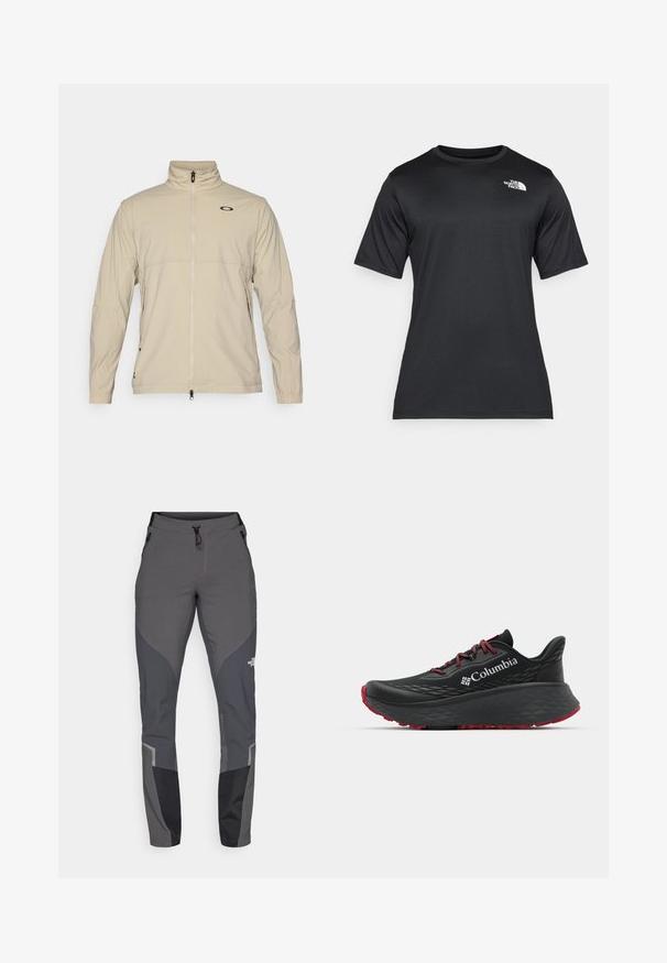 Veste beige zippée avec un col montant, fabriquée en tissu léger. Elle possède des poignets élastiques et un petit logo sur la poitrine.; T-shirt noir à manches courtes en tissu léger et évacuant l'humidité. Présente un logo blanc sur la poitrine gauche et un col rond.; Pantalons de randonnée gris avec une coupe fuselée, plusieurs poches et des accents noirs et gris foncé contrastants. Fabriqués en un matériau flexible et durable.; Chaussure de sport noire avec tige texturée, lacets rouges et logo. Semelle épaisse avec motif de la semelle pour une meilleure adhérence. Design minimaliste, vue de côté.