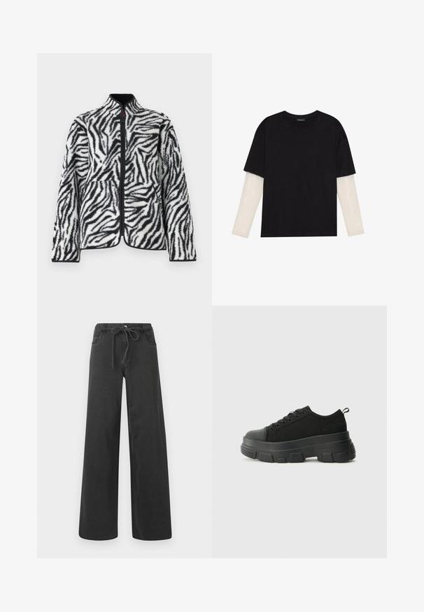 Giacca in pile con motivo a strisce di zebra bianco e nero, colletto alto, zip frontale e tasche laterali con profili neri.; T-shirt nera in cotone con maniche corte sopra un sotto manica lunga bianca, caratterizzata da una sottile texture. Design con scollo rotondo.; Jeans neri a gamba larga in denim, con vita regolabile tramite cordoncino, due tasche frontali e una superficie liscia. Nessun motivo o accento visibile.; Sneaker nere con suola in gomma spessa, superiore in tessuto testurizzato, punta rotonda e design con lacci. Presenta occhielli rinforzati e linguetta sul retro.