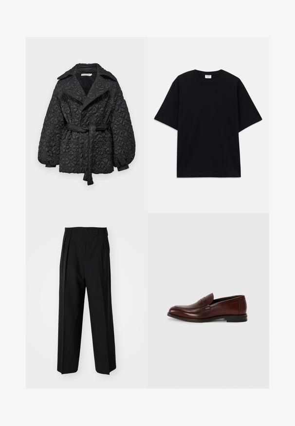 Μαύρο επενδυμένο παλτό με ζώνη, με υφή λουλουδιών, φαρδιές γιακάδες και φουσκωτά μανίκια, κατασκευασμένο από ελαφρύ υλικό.; Μαύρο κοντομάνικο oversized T-shirt με στρογγυλή λαιμόκοψη και ορατή ετικέτα μάρκας Filippa K μέσα στον γιακά.; Μαύροι πιέτες παντελόνια με ίσια, φαρδιά γραμμή. Κατασκευασμένα από λείο ύφασμα, με κλείσιμο με κουμπί και θηλιές για ζώνη.; Καφέ δερμάτινα μοκασίνια με στρογγυλή μύτη, λεπτομέρεια μπροστινής ζώνης και χαμηλό στοίβαγμα τακούνι. Λείος υφή με ελάχιστους διακοσμητικούς ακρογωνιαίους.