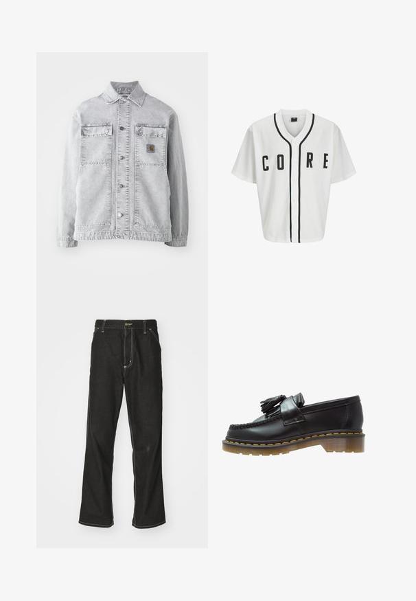 Light gray denim jacket featuring a point collar, two front pockets, snap buttons, and a subtle logo patch on the chest.; White baseball-style jersey with short sleeves, black front buttons, and bold "CORE" lettering in black. Features black accent trim along the collar.; Long-sleeve white cotton T-shirt with a crew neck, featuring a small yellow and burgundy logo on the left chest. Seamless cuffs and hem.; Black denim jeans with a loose fit, featuring contrasting white stitching, a button closure, and a straight leg design.; Black leather loafers with a textured finish, featuring a decorative tassel and contrasting yellow stitching, on a chunky, transparent sole.