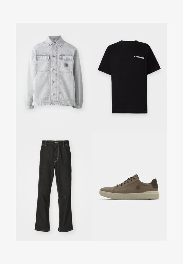 Casaco de ganga cinza claro com colarinho pontiagudo, dois bolsos frontais, botões de pressão e um discreto emblema no peito.; T-shirt preta de algodão com mangas curtas, decote redondo e logótipo branco "Carhartt" no peito esquerdo. Textura suave, design minimalista.; Calças de ganga pretas de corte largo, com costuras brancas em contraste, fecho de botão e design de perna reta.; Sapatilhas de couro castanho com perfil baixo, sola de borracha e detalhes verdes; apresentam um logótipo na lateral e painéis texturizados para maior aderência.