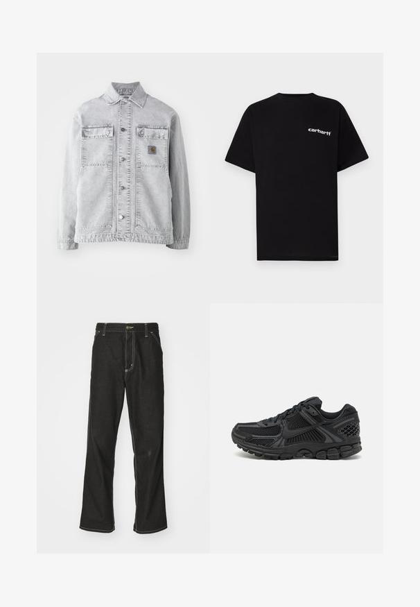 Lichtgrijze denimbomberjack met een puntkraag, twee voorzakken, drukkers en een subtiele logo-opdruk op de borst.; Zwart katoenen T-shirt met korte mouwen, ronde hals en een wit "Carhartt"-logo op de linkerborst. Gladde textuur, minimalistisch ontwerp.; Zwarte denim jeans met een losse pasvorm, voorzien van contrasterende witte stiksels, een knoopsluiting en een recht ontwerp.; Zwarte sportieve schoen met bovenwerk van mesh, rubberen zool en gestructureerde accenten. Het ontwerp bevat een opvallend vetersysteem en een gewatteerde zool.