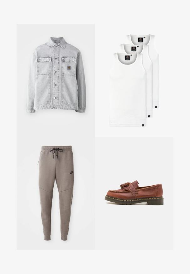 Helehall denim-jakk, millel on punktkaelus, kaks esikot, nööbid ning õrn logotäpp rinnal.; Kolm valget ribaga t-särki, mis on valmistatud puuvillast. Omavad ümmargust kaelanõhku ja väikseid musti silte hemme lähedal. Saadaval erinevates suurustes.; Hallide Nike dressipüksid, millel on nööriga vöökoht, kitsenevad sääred, küljetaskud ja eristuv õmbluse detail. Pehme, tekstureeritud kangas.; Pruunist nahast mokassiind, millel on pompooni aksessuaarid, tekstureeritud pind ja kontrastne kollane õmblus musta kummitald alusel. Küljepilt.