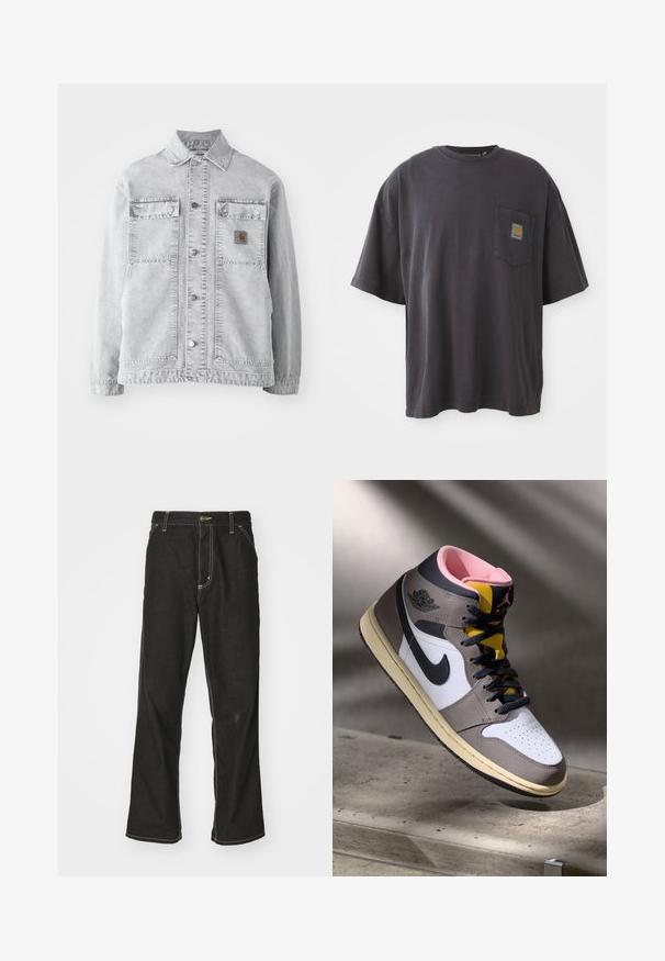 Helehall denim-jakk, millel on punktkaelus, kaks esikot, nööbid ning õrn logotäpp rinnal.; Mustad must t-särk lühikeste varrukatega, ümar kaelus ja vasakul rinnal tasku ruudukujulise logoplaadi näitega. Lihtne ja ilma embellishmentsita disain.; Mustadest denimist püksid, lahtise lõikega, kontrastsete valgete õmblustega, nööbiga kinnitamine ja sirge säär.; Valged, hallid ja mustad kõrged Nike Air Jordani sneakers, roosa sisetallaga ja kollase keelega, asetatud betoonpinnale.