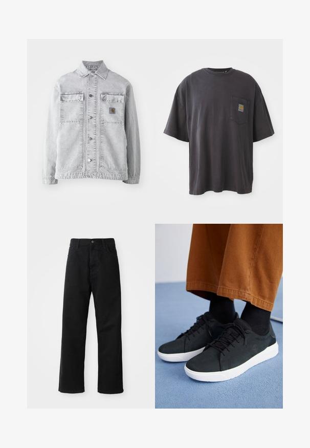 Jasnoszara kurtka dżinsowa z kołnierzykiem typu point, dwoma przednimi kieszeniami, zatrzaskami i subtelną naszywką z logo na klatce piersiowej.; Czarna bawełniana koszulka z krótkim rękawem, okrągłym dekoltem i kieszenią na lewej piersi z kwadratową łatką logo. Prosty i nieozdobiony design.; Czarne dżinsy o prostym kroju, z przednimi kieszeniami, zamkiem błyskawicznym i pojedynczym guzikem z przodu. Teksturowana tkanina o matowym wykończeniu.; Czarne zamszowe trampki z białymi gumowymi podeszwami, z wiązaniem, teksturowanymi akcentami i subtelnym logo, w połączeniu z brązowymi spodniami.