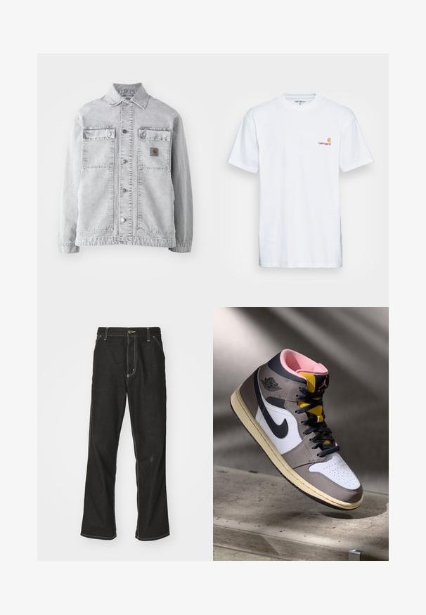 Svijetlosivi traper jakna s točkom kragnom, dva prednja džepa, kopčama na pritiskanje i suptilnom logom na prsima.; Bijela pamučna majica s kratkim rukavima. Dizajnirana s malim narančastim i tamnocrvenim logom na lijevoj strani prsne šupljine. Ima klasični okrugli izrez.; Crne traperice s opuštenim krojem, s kontrastnim bijelim šavovima, zakovicom za zatvaranje i ravnim nogavicama.; Visoke Nike Air Jordan tenisice u bijeloj, sivoj i crnoj boji s ružičastim unutrašnjim dijelom i žutim jezikom, postavljene na betonskoj površini.