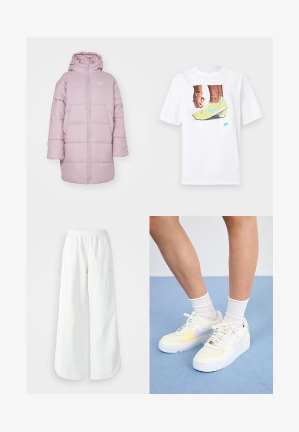 Soejaga roosa kapuutsiga jakk, millel on pikad varrukad, ees lukuga ja rinnal väike logo, sile tekstuur ja kasti kujuline siluett.; Valge puuvillane T-särk, millel on kollaste Nike jalatsite ja siniste aktsentidega jalgade graafika, kombineeritud vasakul randmel oleva käevõruga.; Valged laiad spordipüksid, ribadega vöökoht ja diskreetne logosümbol. Sile kangas, lõdvestatud istuvus ja kitsenev ääreosa.; Valged nahast tossud kollaste ja lavendlitoonide aktsentidega, ümar varvas, tasased paelad ja tekstureeritud kummist tald. Kannab valgeid sokke.