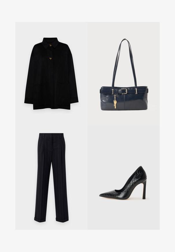 AERON CRANE JACKET - Cappotto classico - black; Maglione blu scuro con scollatura rotonda, maniche lunghe a raglan, polsini a coste e orlo dritto. Realizzato in un morbido materiale a maglia testurizzato.; Pantaloni neri a righe sottili con una vestibilità su misura, dotati di orlo con risvolto e pieghe frontali. Realizzati in un tessuto liscio con un design strutturato.; Scarpa nera con punta a punta alta in pelle di coccodrillo, caratterizzata da un design elegante, alto tacco a spillo e interno nero liscio.; Borsa a mano in pelle blu con due manici lunghi, un dettaglio con fibbia e un portachiavi attaccato. Presenta una texture liscia e una forma rettangolare.