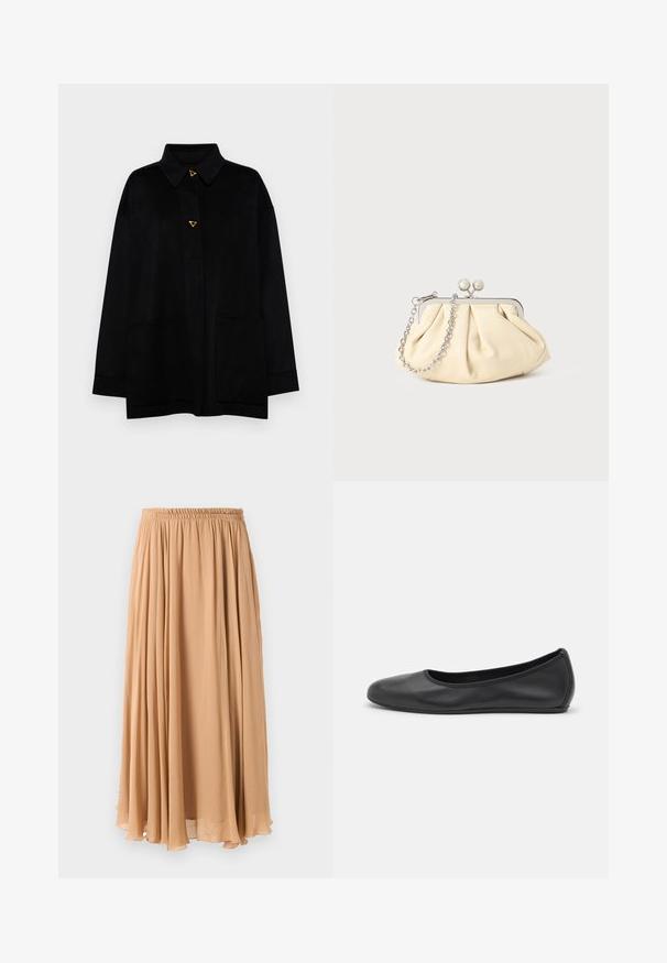 AERON CRANE JACKET - Klassikaline mantel - black; Helebeige lühike sviiter, millel on lukuga kaelus, tekstuuriga muster ning soonikuga varrukad ja äär. Kombineerib kudumise ja kootud materjalid.; Heledis beež seelik, valmistatud voolavast kangast. Omab kogutud elastset vöökoht ja pehmeid voldikesi liikumiseks.; Musthave mustika tantsutossud mustast nahast, ümmarguse varbaga, siledast tekstuurist, minimaalse õmblusdetailiga ja paindliku tallakujundusega.; Kortsus beežist nahast kotike, millel on hõbedane metallraam, kaunistatud kahe ümmarguse dekoratiivse lukuga ja hõbedase ketispideme.
