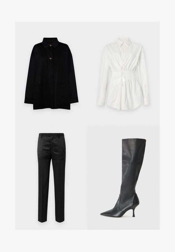 AERON CRANE JACKET - Cappotto classico - black; Camicia bianca con bottoni e maniche lunghe, dettaglio in vita aderente e un accento di cintura lucida. Realizzata in tessuto morbido e leggero.; Pantaloni neri su misura con gamba dritta e una vita con passanti per cintura, caratterizzati da un mix di pannelli di tessuto opaco e lucido.; Stivali neri in pelle al ginocchio con punta affusolata e tacco a stiletto sottile. Texture liscia con design aderente e cuciture lungo il bordo superiore.