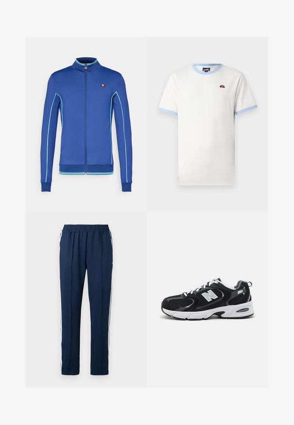 Blaue Sportjacke mit hohem Kragen, durchgehendem Reißverschluss und türkisfarbenen Paspeln entlang der Ärmel und des Bunds. Enthält aufgesticktes Logo.; Weißes Baumwoll-T-Shirt mit hellblauem, geripptem Kragen und Ärmelabschlüssen. Verfügt über ein kleines rotes und orangefarbenes Logo auf der Brust. Klassische Passform.; Navy Trainingshosen mit elastischem Bund, weißen Seitstreifen und glatter Textur. Mit kleinem blauen Logo in der Nähe der Taille.; Schwarze und graue Sportschuhe mit Obermaterial aus Mesh und Wildleder, ausgestattet mit einer weißen Zwischensohle, Schnürsenkeln und einem markanten "N"-Logo an der Seite.