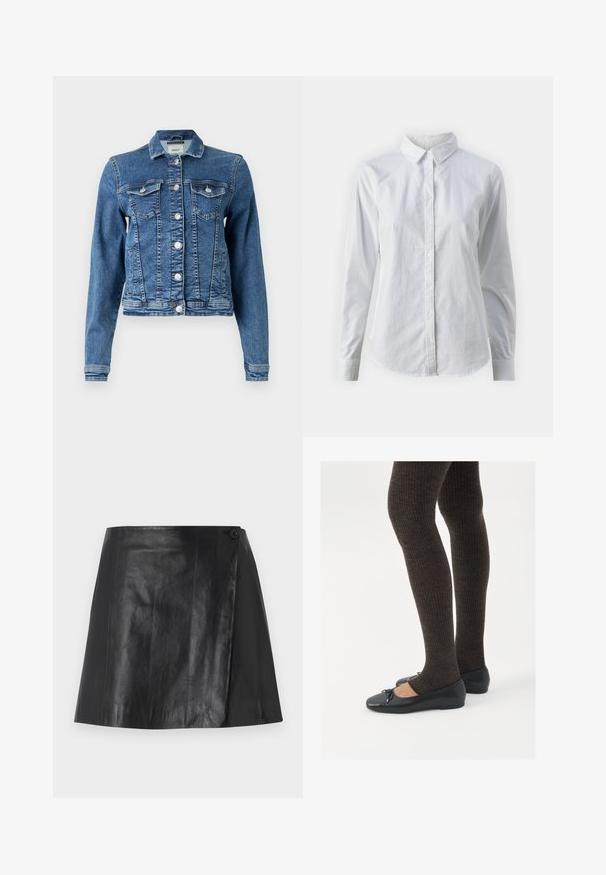 Veste en denim bleue moyenne avec un design classique, cinq boutons, deux poches poitrine et des manches longues. Présente une texture légèrement déchirée.; Chemise blanche à manches longues en coton lisse, dotée d'un col classique et d'un ourlet arrondi. Les boutons sont petits et blancs.; Mini-jupe en simili cuir noir avec un détail à l'avant enroulé, fixé par un bouton sur le côté droit, texture lisse et léger éclat.; Chaussures plates noires avec un petit nœud au niveau des orteils, associées à des collants côtelés marron foncé. Les chaussures ont une texture lisse et un profil bas.