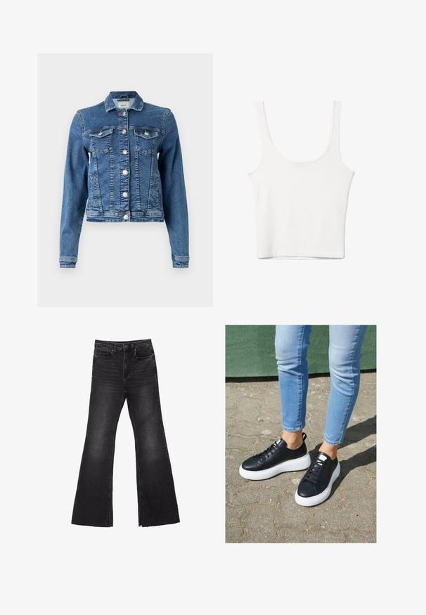 Denimová bunda v stredne modrej farbe s klasickým dizajnom, piatimi gombíkmi, dvoma náprsními vreckami a dlhými rukávmi. Má jemne opotrebovaný vzhľad.; Biely bavlnený top bez rukávov s okrúhlym výstrihom a priliehavým strihom. Hladká textúra, jednoduchý dizajn a minimálne švy.; Čierne džínsy s rozšírenými nohavicami a surovým lemom, so štýlovým dizajnom piatich vreciek a zapínaním na gombík. Vyrobené z pevnej, štruktúrovanej látky.; Čierne kožené tenisky s bielymi gumovými podrážkami, s hladkým povrchom, zaoblenou špičkou a plochými šnúrkami. Nosené s svetlomodrými džínami.