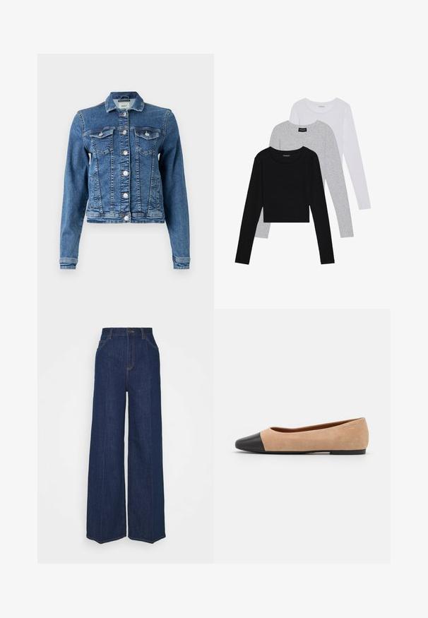 Dongerijakke i mellomblå farge med klassisk design, fem knapper, to brystlommer og lange ermer. Har en lett slitt tekstur.; Tre lange ermer t-skjorter stablet: svart, grå og hvit. Hver har en rund hals og et kort design med glatt, lett stoff.; Høyt liv vidbukse i mørk blå denim med front- og baklommer, knappelukking, og synlige sømdetaljer.; Beige semsket ballettsko med svart lær rund tåhette, lav hæl og glatt tekstur, med minimal søm og et rent design.