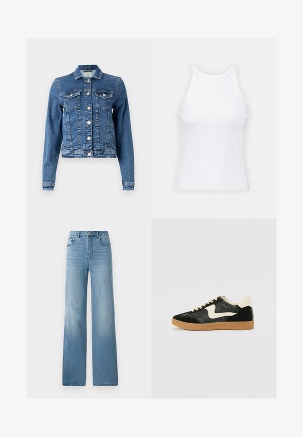 Chaqueta de mezclilla en azul medio con un diseño clásico, cinco botones, dos bolsillos en el pecho y mangas largas. Presenta una textura ligeramente desgastada.; Top de tirantes blanco sin mangas hecho de tela acanalada, con un escote redondeado y una silueta ajustada, con costuras mínimas y sin adornos.; Jeans de tiro alto en azul claro con un diseño de pierna recta. Confeccionados en denim, cuentan con cinco bolsillos y un cierre con botón.; Zapatillas de deporte de ante y cuero negro con un swoosh lateral en crema y un talón en crema claro. Presenta cordones beige y una suela de goma marrón.