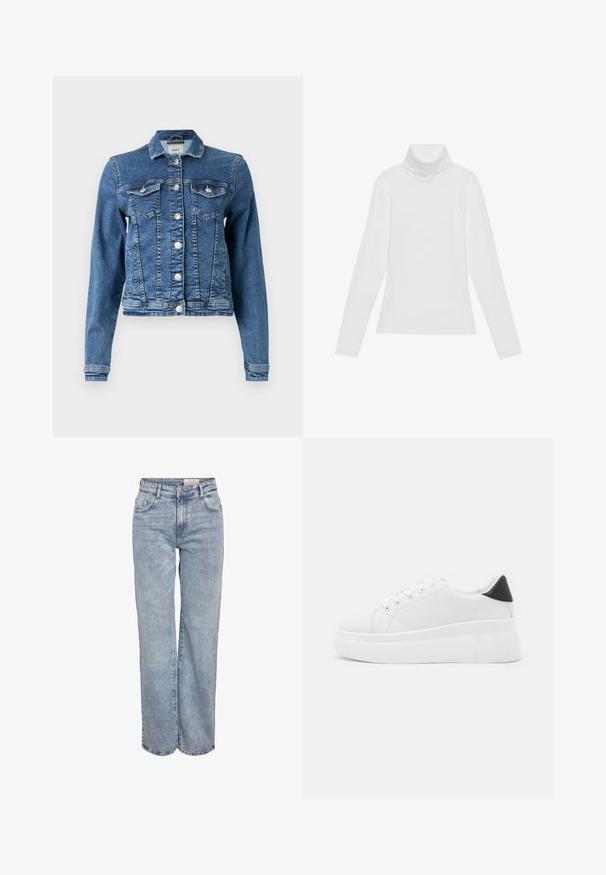 Jeansjacke in Mittelblau mit klassischem Design, fünf Knöpfen, zwei Brusttaschen und langen Ärmeln. Hat eine leicht abgenutzte Textur.; Weißes Langarm-Turtleneck-Oberteil aus glattem, elastischem Stoff. Mit hohem Kragen und tailliertem Schnitt, ohne sichtbare Muster oder Verzierungen.; Hellblau weite Jeans aus Denim, mit hoher Taille, fünf Taschen-Design und subtilen Ausbleichungen für einen eingesessenen Look.; Weiße Plateausneaker aus glattem Kunstmaterial, mit runder Zehenform, Schnürdesign und einer strukturierten Gummisohle. Schwarzer Fersenakzent.